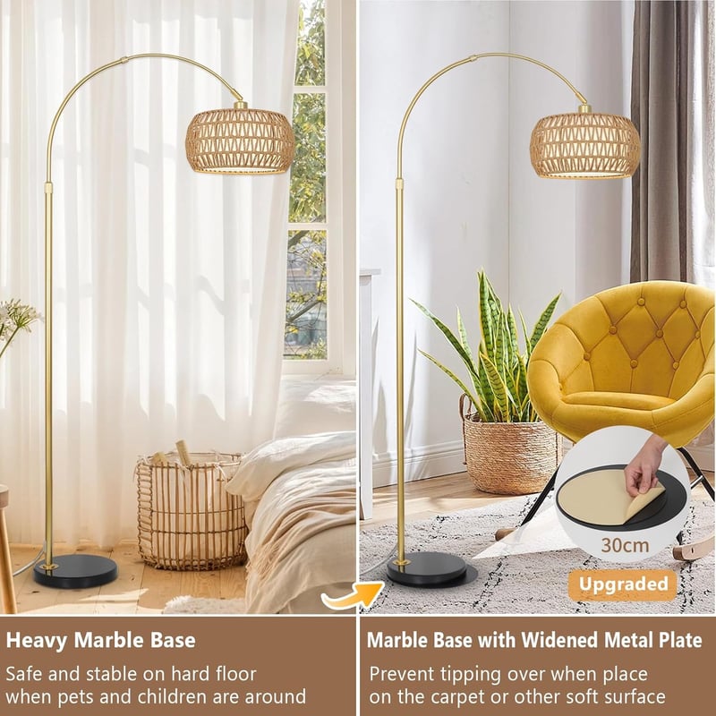 Rayofly Arany Ívelt Állólámpa Rattan Lámpaernyővel - Modern Boho Padlólámpa Távirányítóval, LED Izzóval, Alkalmazásvezérléssel, Fényerőszabá