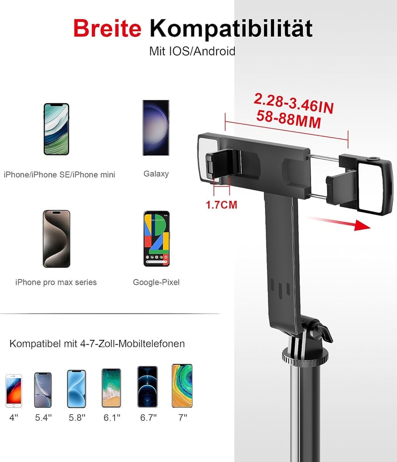 ASHINER 180cm-es LED fényes szelfibot állvánnyal, iPhone és Android kompatibilis
