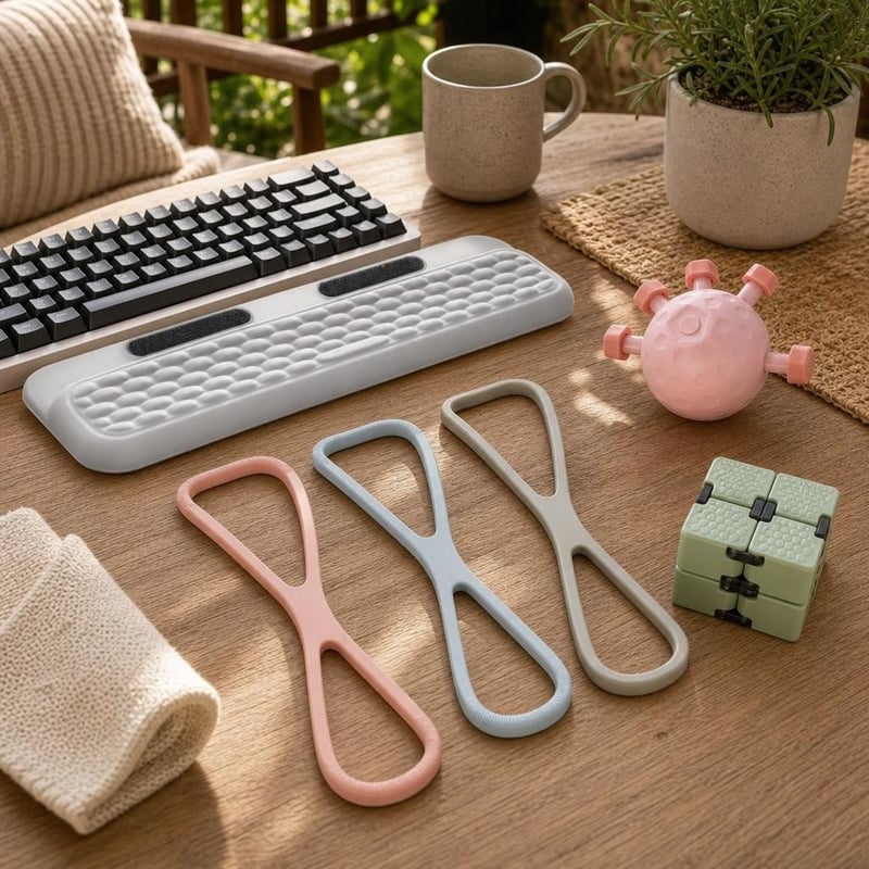 Kézerősítő stresszmentő: ujjerősítő + csuklótámasz + 3 db erősítő szalag + fidget kocka