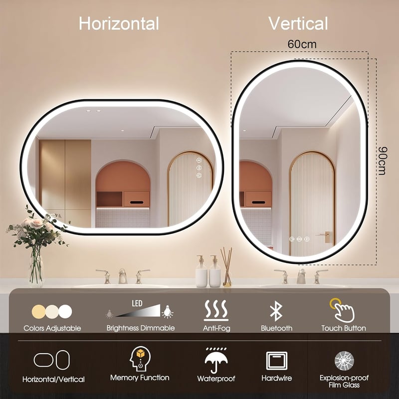 STARLEAD Ovális LED Fürdőszobai Tükör 90x60 cm - Bluetooth Hangszóróval, Fényerőszabályzással, 3 Színhőmérséklettel, Páramentesítővel, Feket