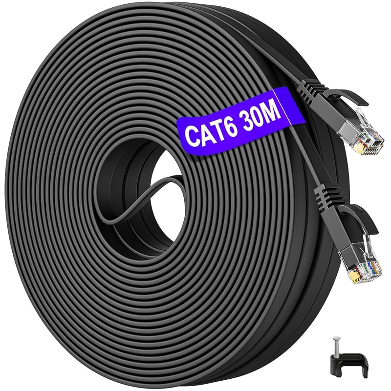 Cat 6 Lapos LAN Kábel 30m - Fekete Gigabit Ethernet Hálózati Kábel Kültéri/Beltéri Használatra