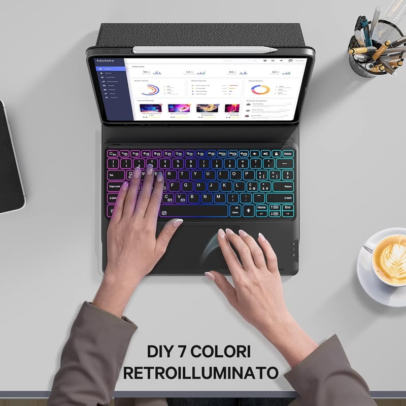 Earto iPad Pro 12.9 háttérvilágítós billentyűzet tok, trackpaddal, 3 zónás