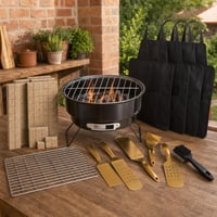 Grill štartovací balíček: 1x gril + 400x podpaľovač + 5x náradie + 4x zástera + rošt + kefa 1