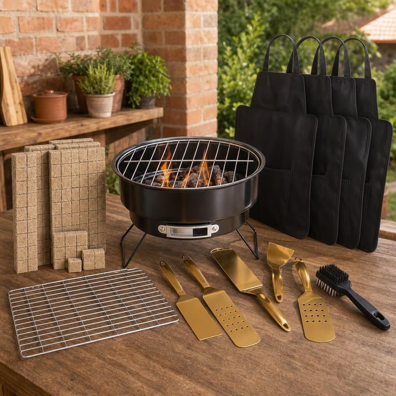 Grill štartovací balíček: 1x gril + 400x podpaľovač + 5x náradie + 4x zástera + rošt + kefa