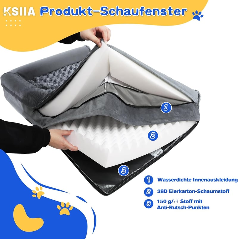 KSIIA Ortopédiai Kutyaágy Közepes Kutyáknak 91x68x16 cm - Mosható Huzatú Kutyakanapé Három Megemelt Széllel, Csúszásgátló Aljjal, Szürke