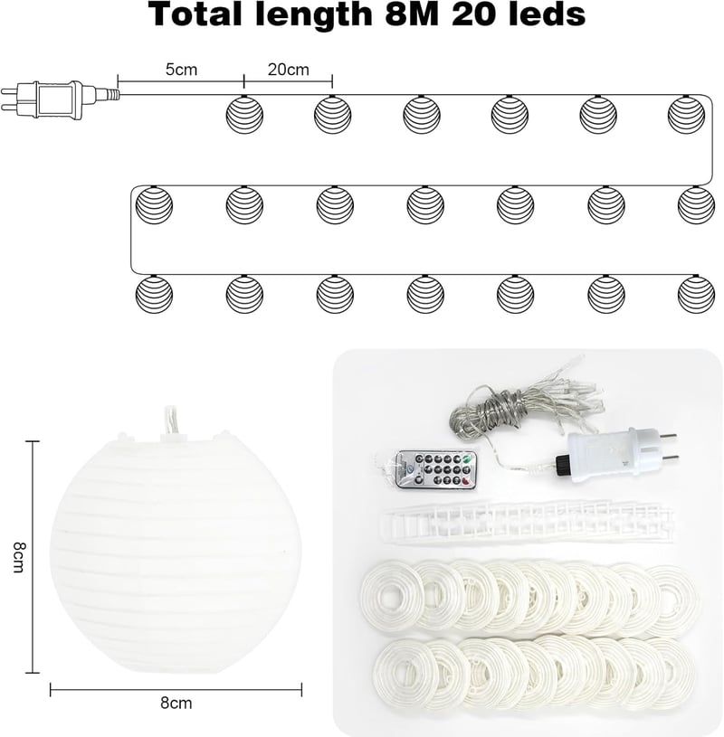 Bigzom LED Lámpás Fényfüzér 5m 20 LED - Kültéri/Beltéri Időzítővel, Távirányítóval, IP44 Vízálló, Meleg Fehér Kerti Dekoráció Karácsonyra, T