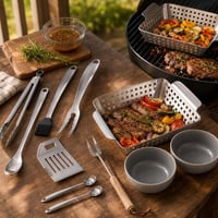 Vrtni grill set: teleskopska vilica + 4-dijelni pribor + košara + 2 dugačke žlice + 2 ramen zdjele 1
