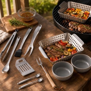 Vrtni grill set: teleskopska vilica + 4-dijelni pribor + košara + 2 dugačke žlice + 2 ramen zdjele