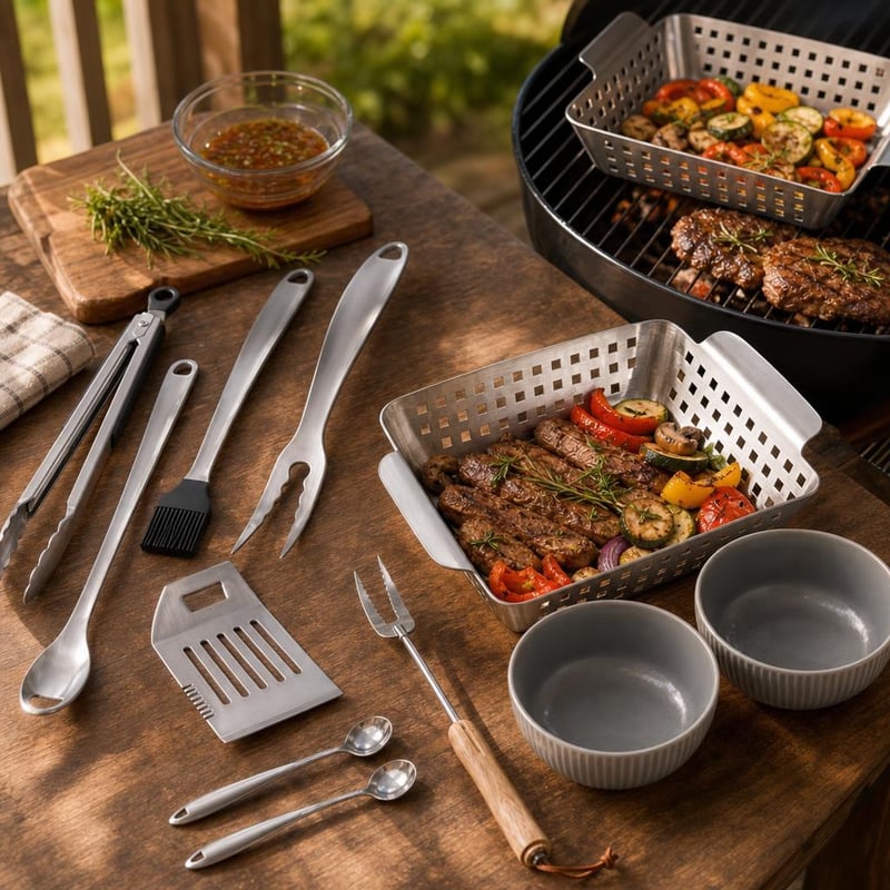 Vrtni grill set: teleskopska vilica + 4-dijelni pribor + košara + 2 dugačke žlice + 2 ramen zdjele