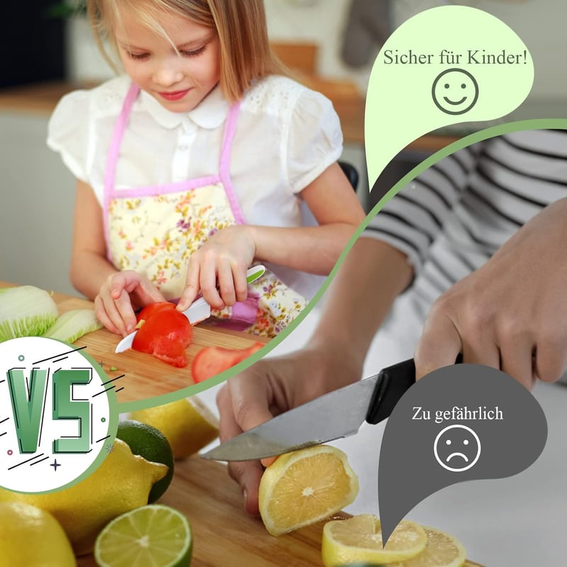 Goodchef 5 részes gyerekeknek való konyhai késkészlet - Dinoszáuros mintájú, biztonságos, fogazott élű műanyag és fa kések 2 éves kortól, zö