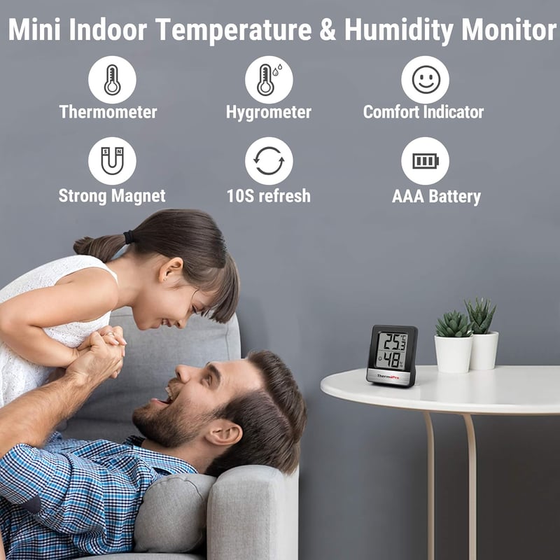 ThermoPro TP49 Digitális Mini Hőmérő és Páramérő - Beltéri Klímafigyelő Készülék Hangulatjelzővel, Fekete