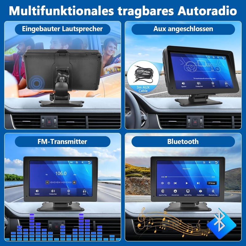 Podofo 7" Vezeték Nélküli Autórádió - Érintőképernyős, Bluetooth, Apple CarPlay, Android Auto, Airplay, FM Adó, Tükrözés Funkcióval