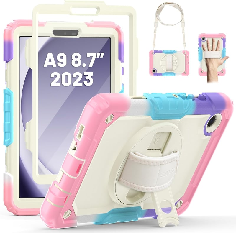 SEYMAC Samsung Galaxy Tab A9 8.7" (2023) Védőtok - 360° Forgatható Állvánnyal, Beépített Képernyővédővel, Vállpánttal és Tolltartóval - Tere