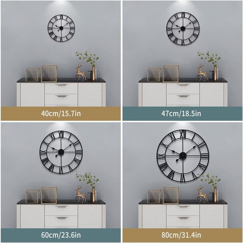 HAITANG Nagyméretű Vintage Fém Falióra - Fekete, Hangtalan, Római Számokkal, 60 cm - Elegáns Dekoráció Nappaliba, Hálószobába, Konyháb