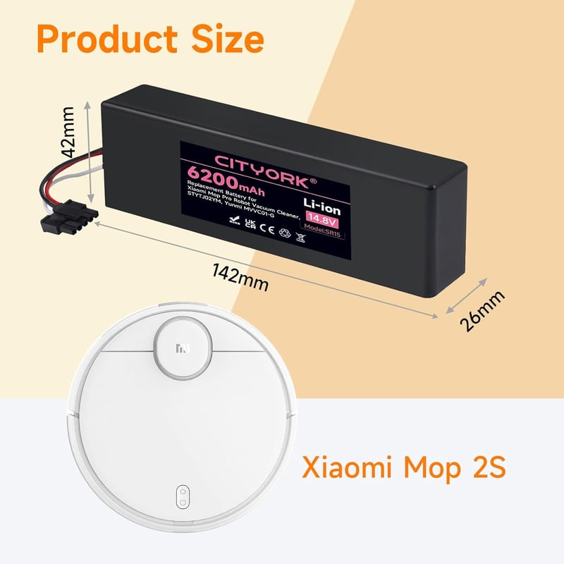 CITYORK 6200 mAh Li-Ion Akkumulátor Xiaomi Mop 2S/Pro/P Robotporszívókhoz - Csereakkumulátor STYTJ02YM/XMSTJQR2S Modellekhez, 1 Órás Gyorstö