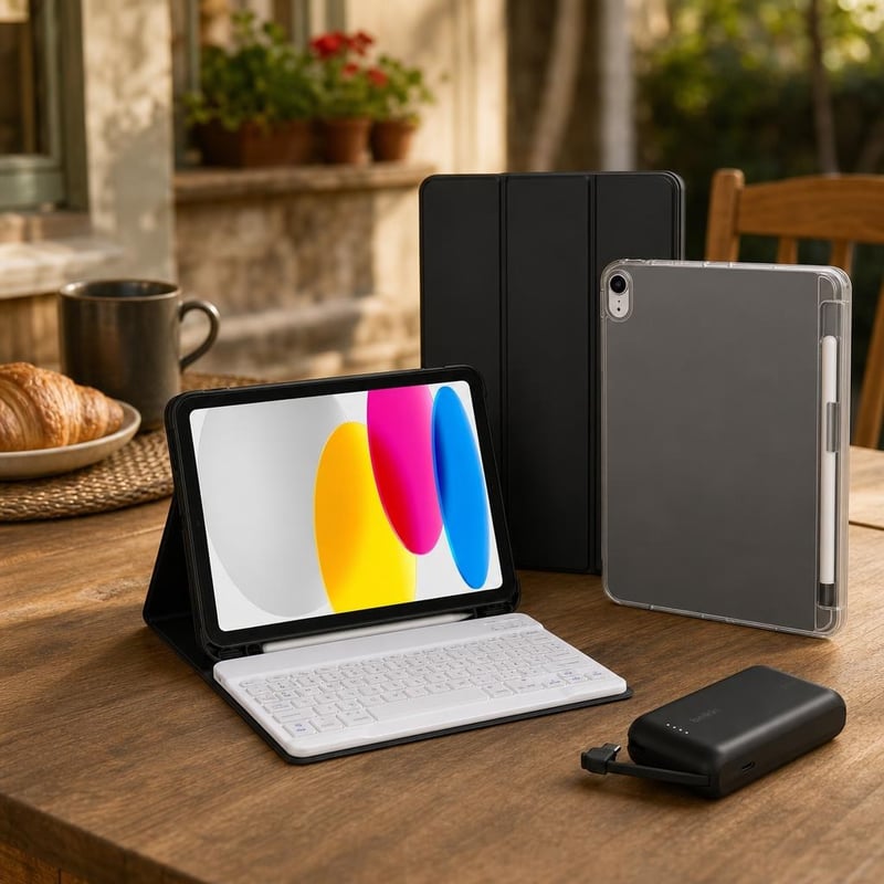 iPad balík na poznámky: klávesnicové puzdro + priehľadný kryt s držiakom na ceruzku + 10000 mAh powerbank