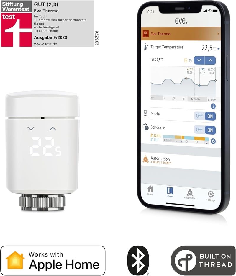 Eve Thermo - Okos radiátor termosztát, energiatakarékos fűtésvezérlés, applikációs időzítés, Thread kapcsolat, Apple HomeKit kompatibilis