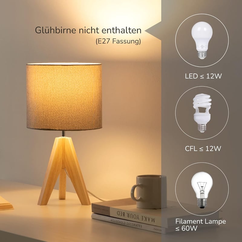 EDISHINE Fa Állólámpa Szett - Szürke Lenvászon Ernyővel, E27 Foglalattal, Hálószobába, Nappaliba