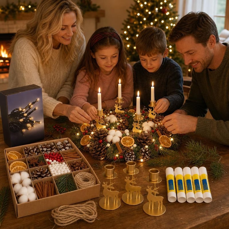 Adventný set: 206 ks sada na veniec + 4 svietniky + 120 LED svetiel + 5×21 g lepidlo