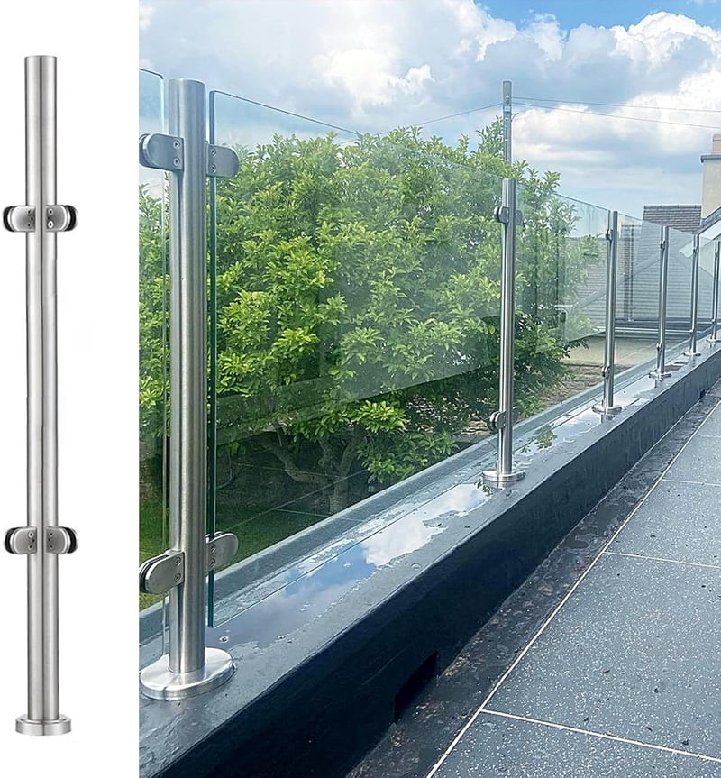 ABONOK 304-es Rozsdamentes Acél Üvegkorlát Oszlop 105 cm - Erkély, Terasz, Lépcső Korlátrendszer Üvegbilincsekkel, 42 mm Csőátmérő, 10-12 mm