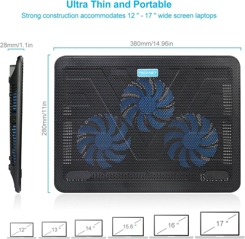 TECKNET Laptop Hűtőpad 12-17 Colos Notebookhoz, 3 Ventilátor LED-del, USB Portokkal - 3 Lüfter, blue