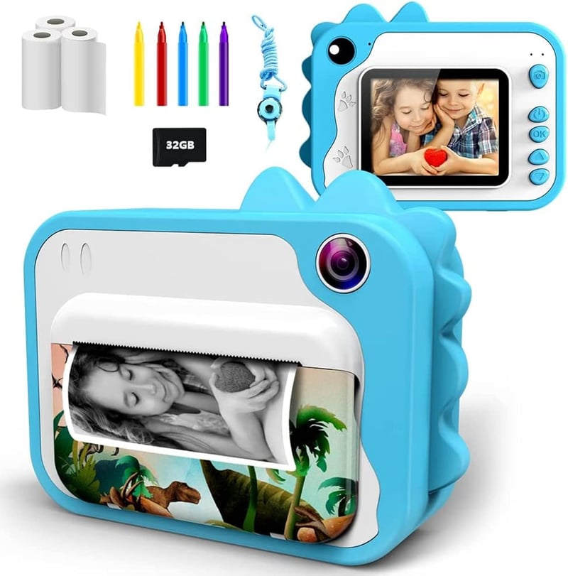 Uleway gyerek fényképezőgép, kék, 1080P, azonnali nyomtatással, 32GB kártyával, ajándék szett