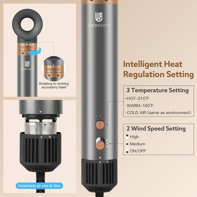 webeauty 5 az 1-ben Hajformázó és Hajszárító Kefe, 110.000 RPM Negatív Ionos Gyorsszárító, Meleglevegős Hajformázó Szett Autós Légbefúvóval,