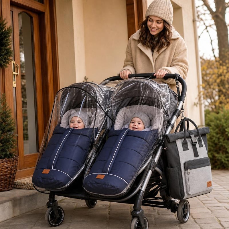 Set accesorii cărucior: 1x sac iarnă + 1x husă ploaie gemeni + 1x geantă scutece cu salteluță