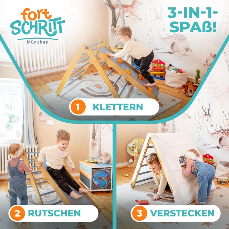 fortSCHRITT München 3-az-1-ben Montessori mászóháromszög csúszdával - Beltéri fa mászójáték gyerekeknek 1-6 éves korig, nyírfából, via ferra