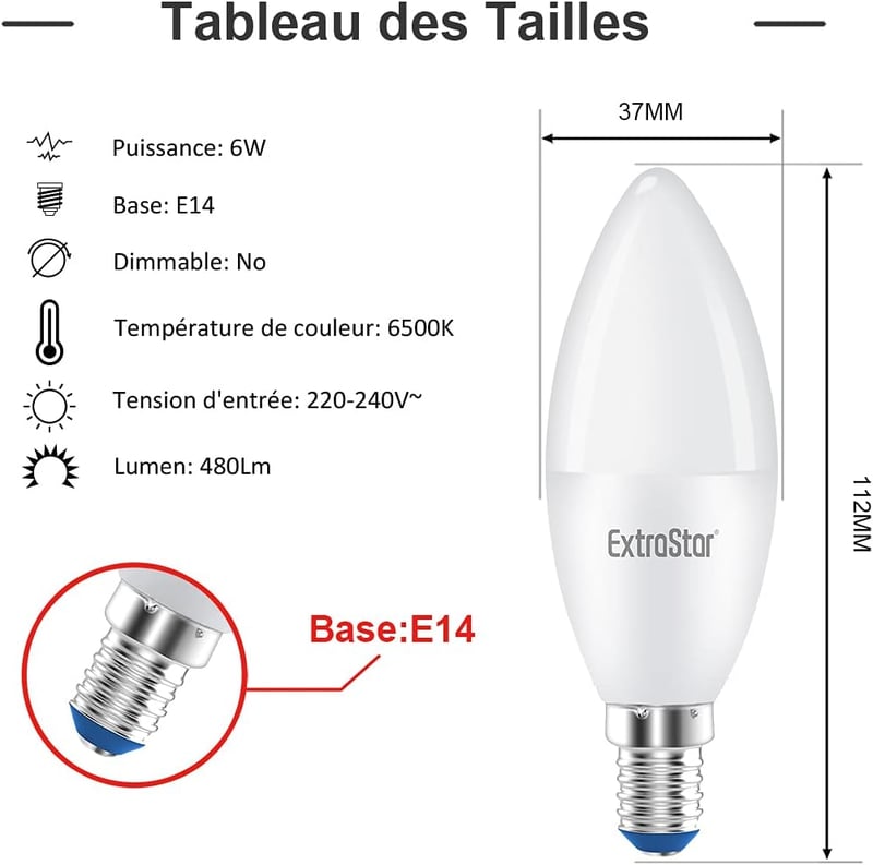 EXTRASTAR E14 LED Izzó, C37, 6W (48W), 480lm, 6500K Hideg Fehér, Nem Szabályozható, 6 Darabos Csomag, Energiatakarékos