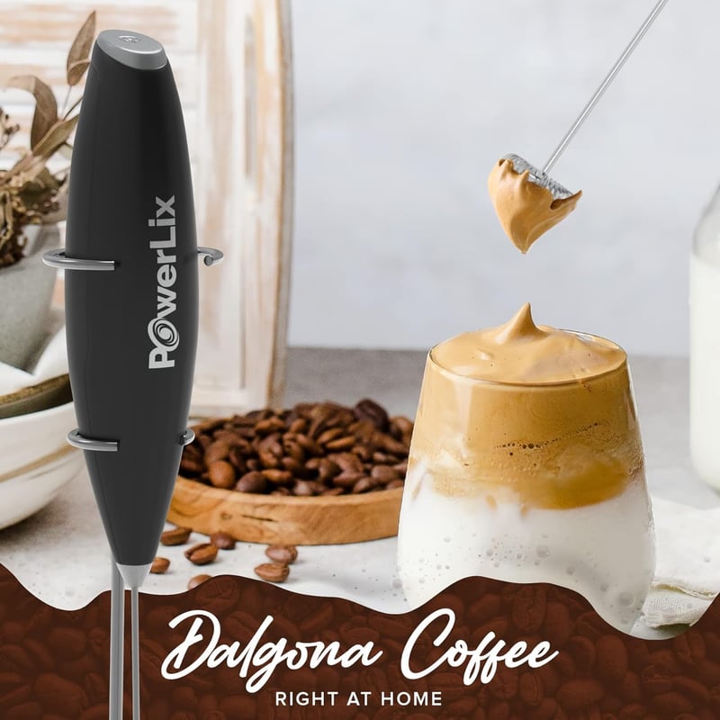 POWERLIX Elektromos Tejhabosító Rozsdamentes Állvánnyal - 19000 rpm Kézi Tejfelverő Kávéhoz, Cappuccinóhoz, Forró Csokihoz, Fekete