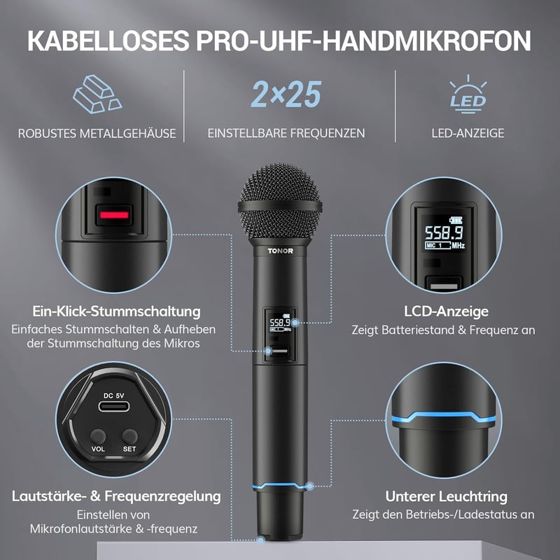 TONOR TW720 Bluetooth Vezeték Nélküli Mikrofon Szett - UHF Fém Újratölthető Mikrofonok (2db) 7-9 óra üzemidő