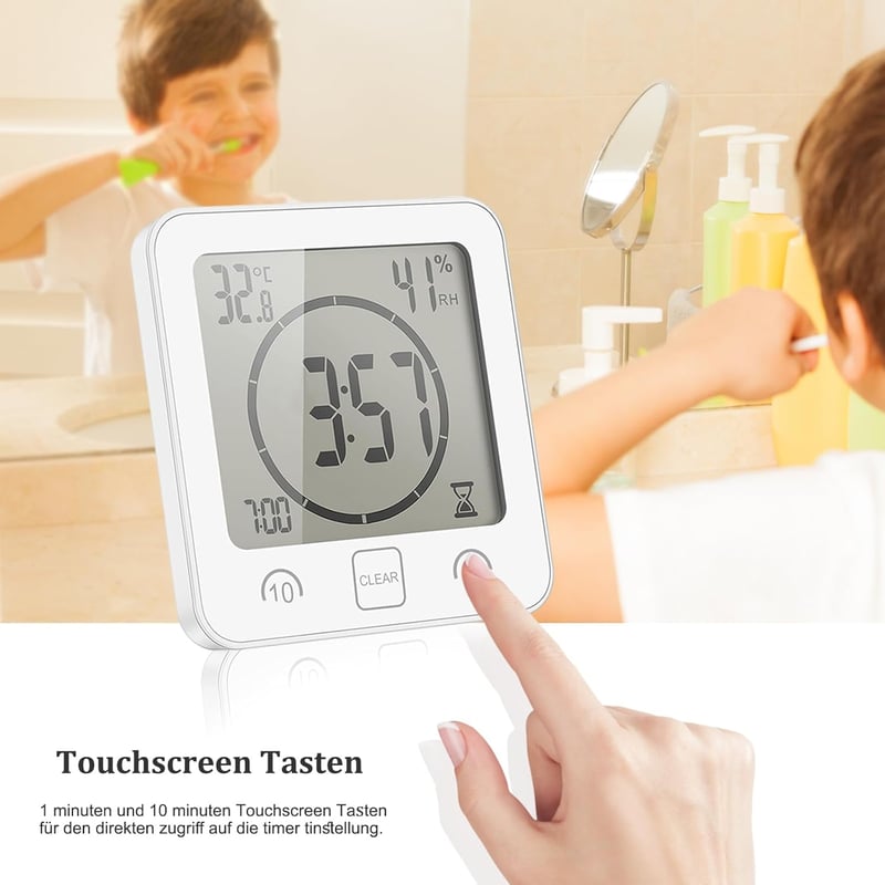VORRINC Vízálló Digitális Fürdőszobai Óra - LCD Kijelzős Időmérő Hőmérséklet és Páratartalom Kijelzéssel Konyhába, Zuhanyzóba