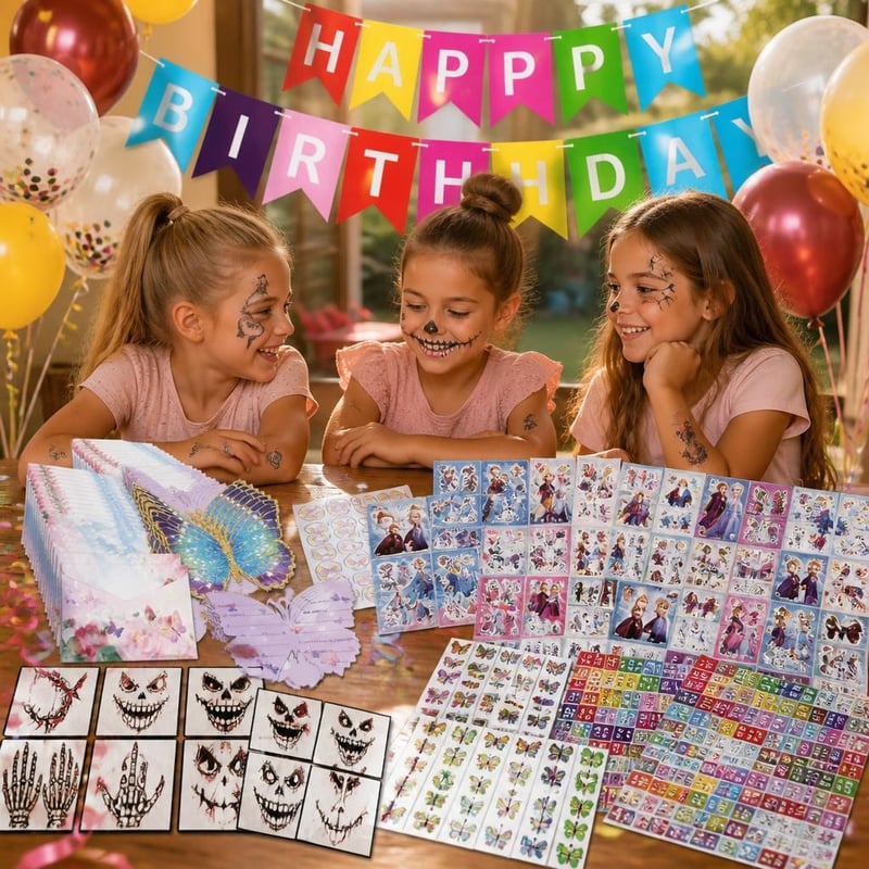Set Petrecere cu Fluturi: 12 invitații + 1100+ stickere + 12 coli tatuaje + baloane folie + banner