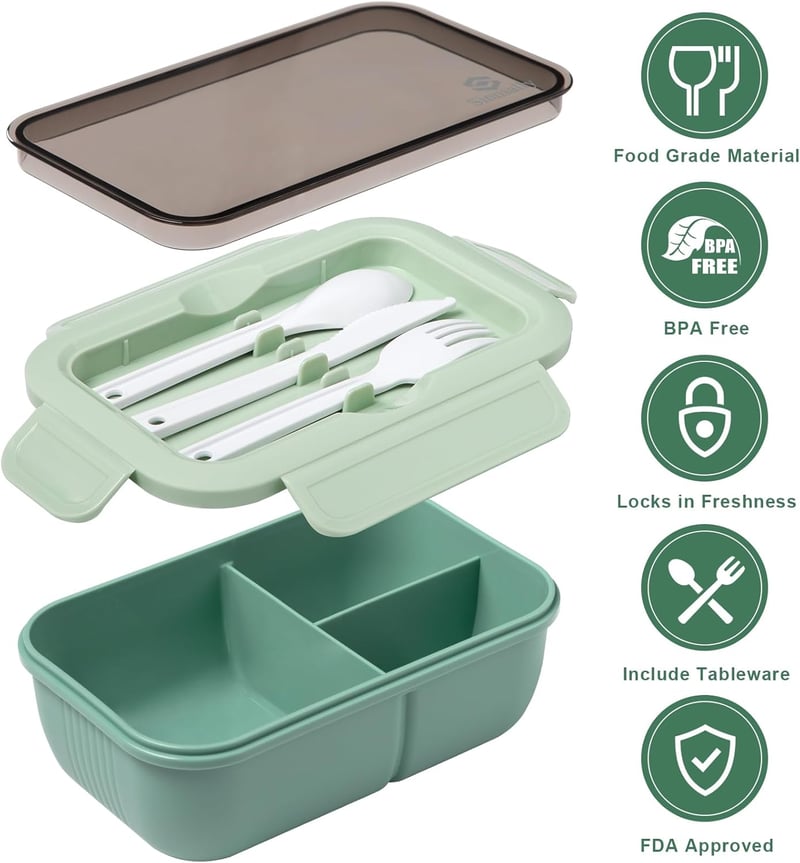 Sinnsally 1250ml Ételhordó Osztott Rekeszekkel és Evőeszközzel - Green