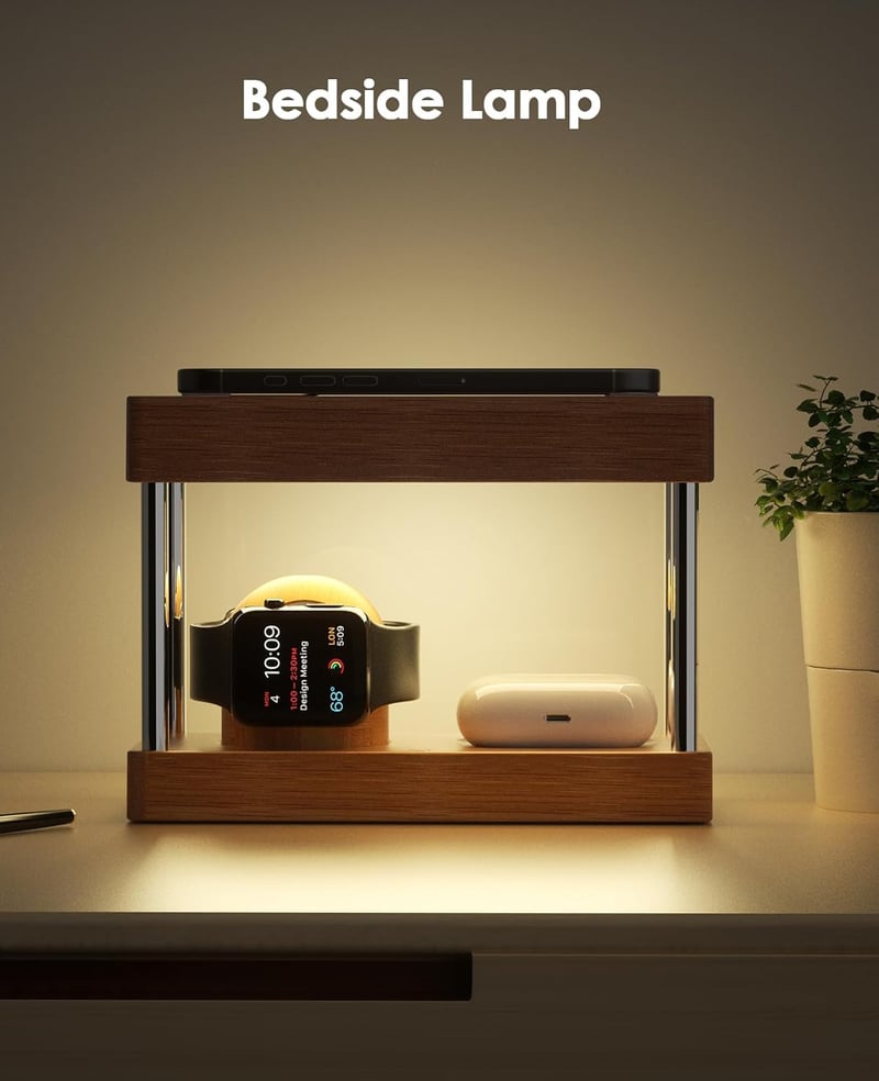 Alltripal 4-in-1 Vezeték Nélküli Éjjeli Lámpa Töltőállomás - iPhone/Apple Watch/AirPods Töltő Fa Dizájnnal, 3 Színhőmérséklet, Állítható Fén