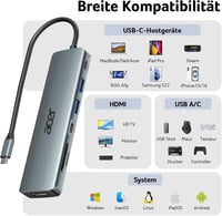Acer 7-in-1 USB-C Hub - 4K HDMI, 2x USB 3.0, 100W PD, SD/TF Kártyaolvasó, Alumínium Dokkoló iPhone 15/16, MacBook, iPad Pro/Air 9