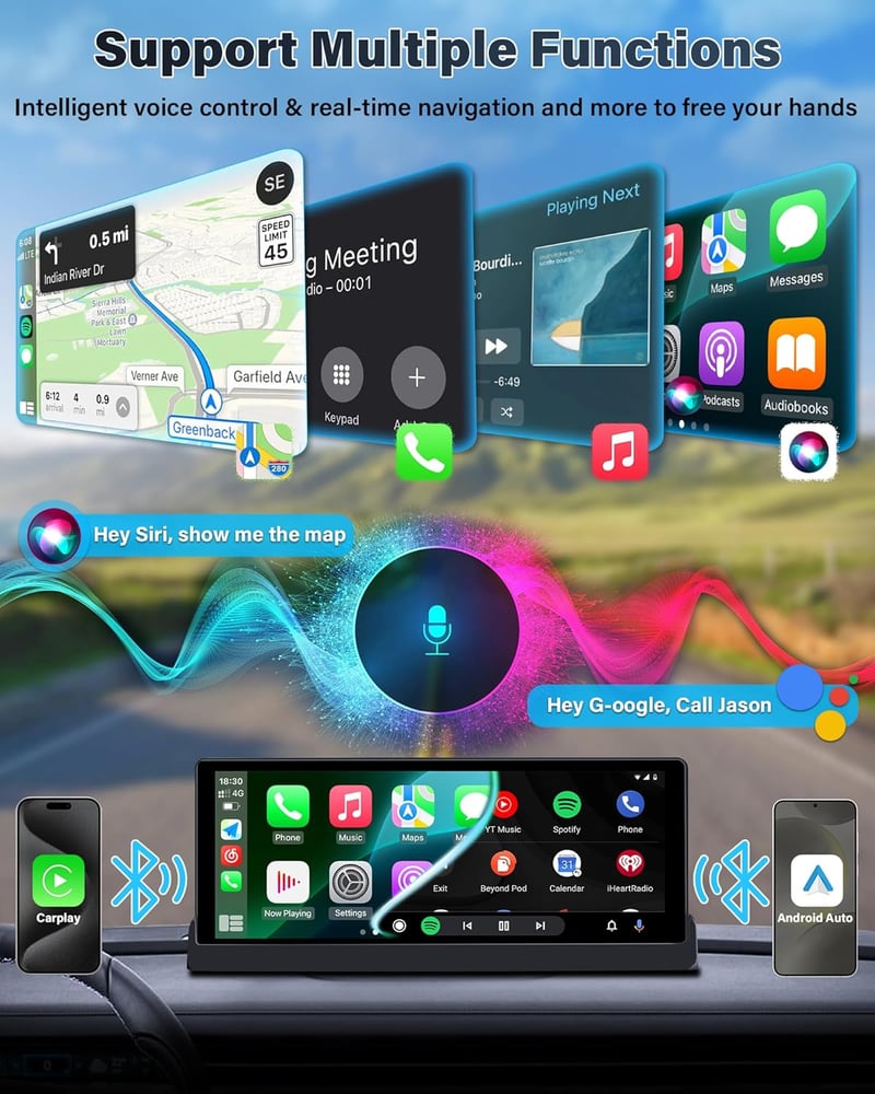 Stable Holder 10,26 hüvelykes vezeték nélküli CarPlay kijelző tolatókamerával - Android autós monitor, valós idejű navigáció, hangvezérlés, 