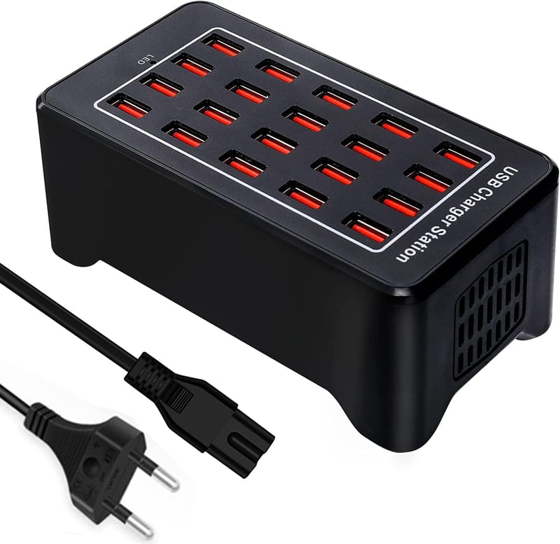 20 portos 100W-os USB töltőállomás Samsung, iPhone, Google, Xiaomi készülékekhez