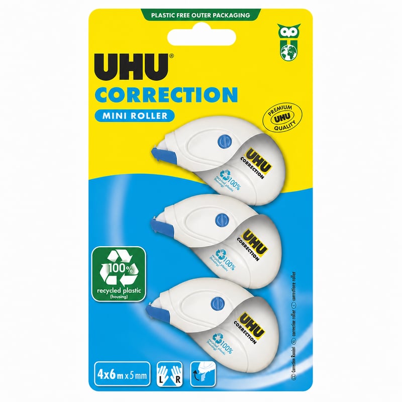 UHU Correction Mini Roller korekturna traka – 6 m x 5 mm, bijela, kućište od 100% recikliranog materijala, za školsku i uredsku upotrebu – set od 3 komada