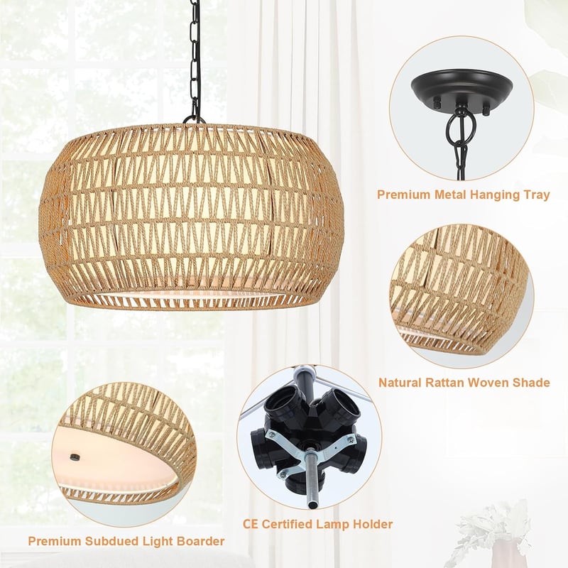 Rayofly Rattan Függőlámpa - 5 Izzós Nagy Méretű Boho Csillár Étkezőasztalhoz, Vintage Rattan Lámpaernyővel