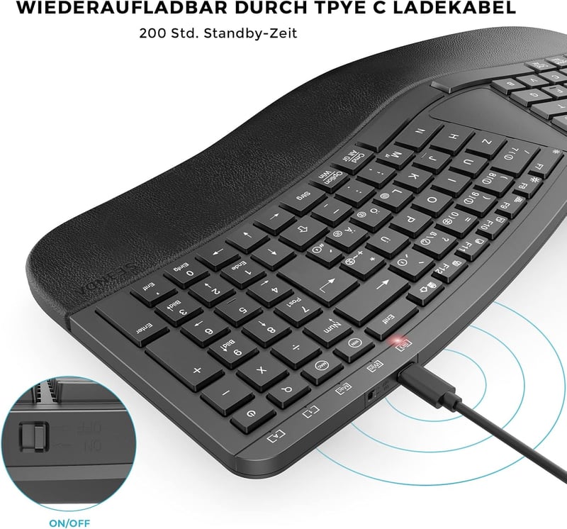 Seenda ergonomikus vezeték nélküli billentyűzet, USB-s, német kiosztású, fekete