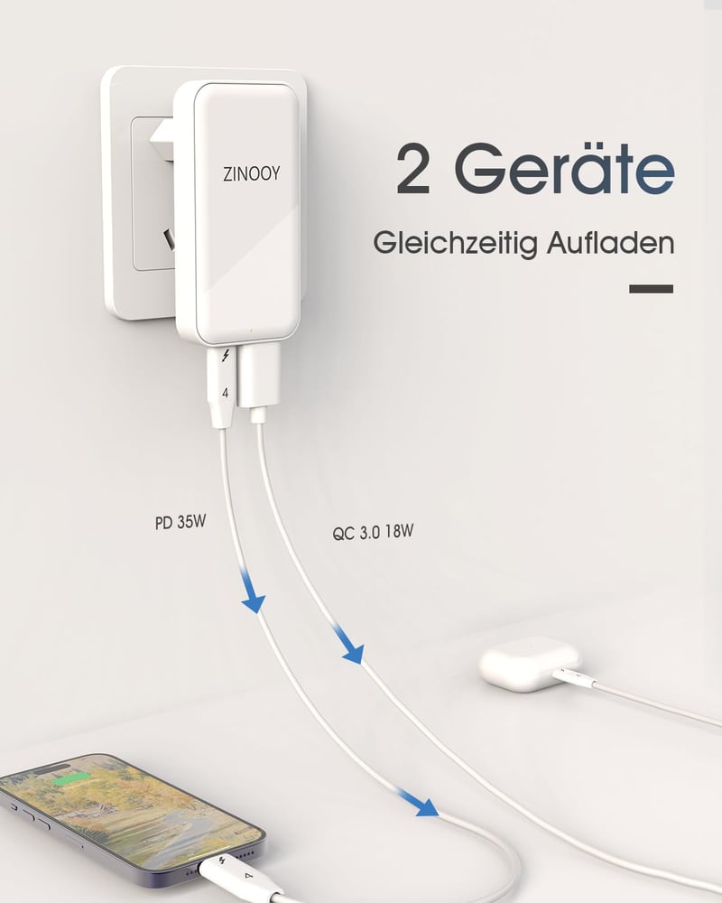 ZINOOY 35W Dupla Portos Gyorstöltő, PD/QC 3.0 USB-C és USB-A, iPhone 16/15 Samsung iPad Huawei Kompatibilis, Ultra Lapos Töltő Utazáshoz, Ot