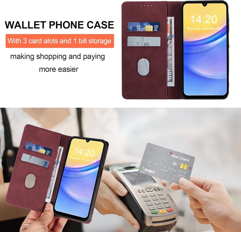 QHOHQ Samsung Galaxy A15 4G/5G Bőr Flip Tok RFID Védelemmel és Edzett Üveg Fóliával - Mágneses Összecsukható Védőtok Multifunkciós Kialakítá