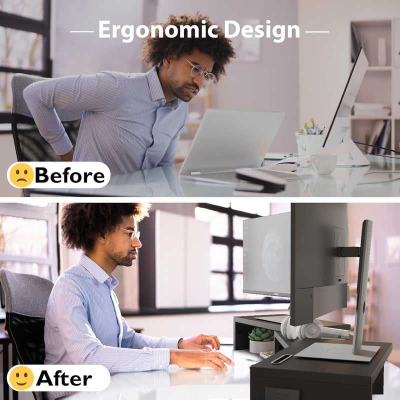 BONTEC Dupla Monitor Állvány - Állítható Magasságú és Szögű Fa Asztali Szervező Telefontartóval, Kábelrendezővel PC Monitorhoz, Laptophoz, 5