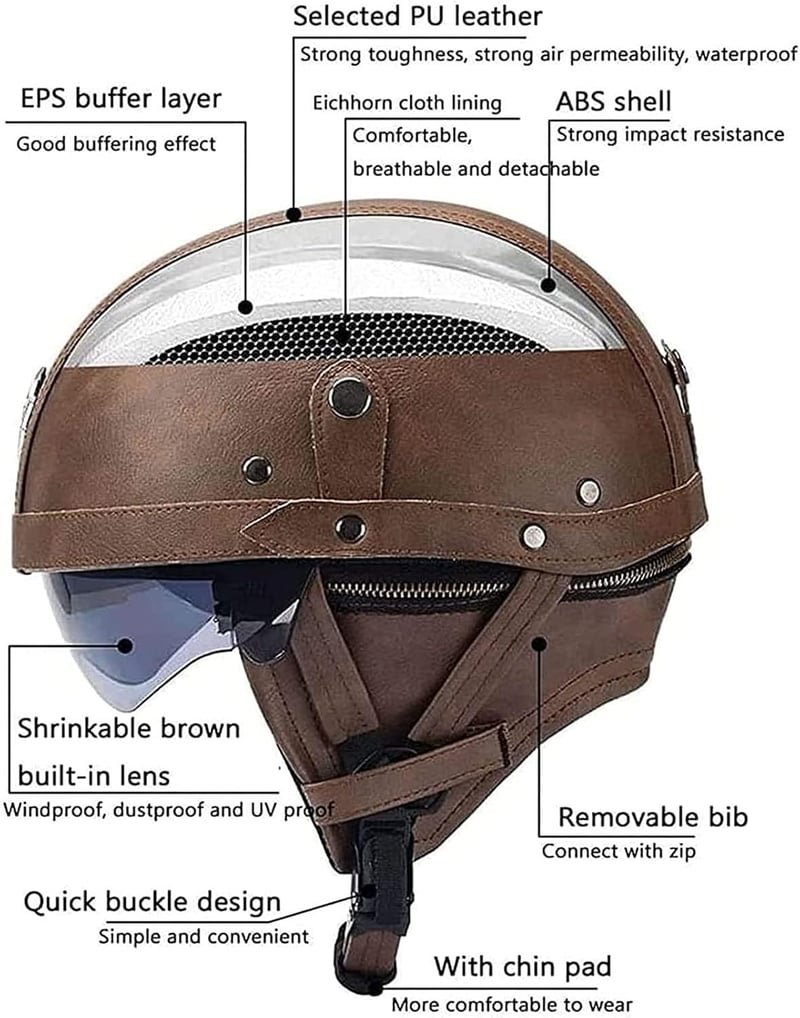 CHICHL Retro Bőr Motorkerékpár Bukósisak Vintage Szemüveggel - Német Stílusú Robogó Sisak S: 55-56 cm