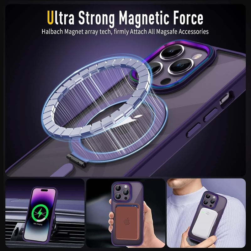 iPhone 14 Pro Max MagSafe-kompatibilis átlátszó tok lila mágneses állvánnyal
