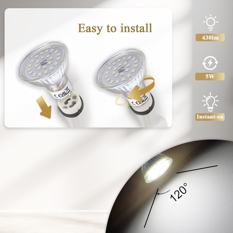 DiCUNO GU10 LED Izzó 5W - Hideg Fehér 6000K, 430lm, 120° Szórási Szög, 50W Halogén Helyettesítő, Energiatakarékos MR16 Spotlámpa, Beltéri Ha