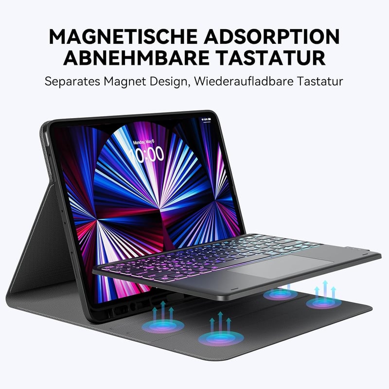 iPad Pro 12.9 QWERTZ billentyűzet tok, érintőpaddal, 7 színű háttérvilágítással - Earto