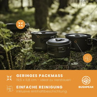 Bushpeak 7 részes alumínium kempingfőző készlet tapadásmentes bevonattal, hőszigetelt fogantyúkkal, 3 fedeles edénnyel és serpenyővel, gázfő 4